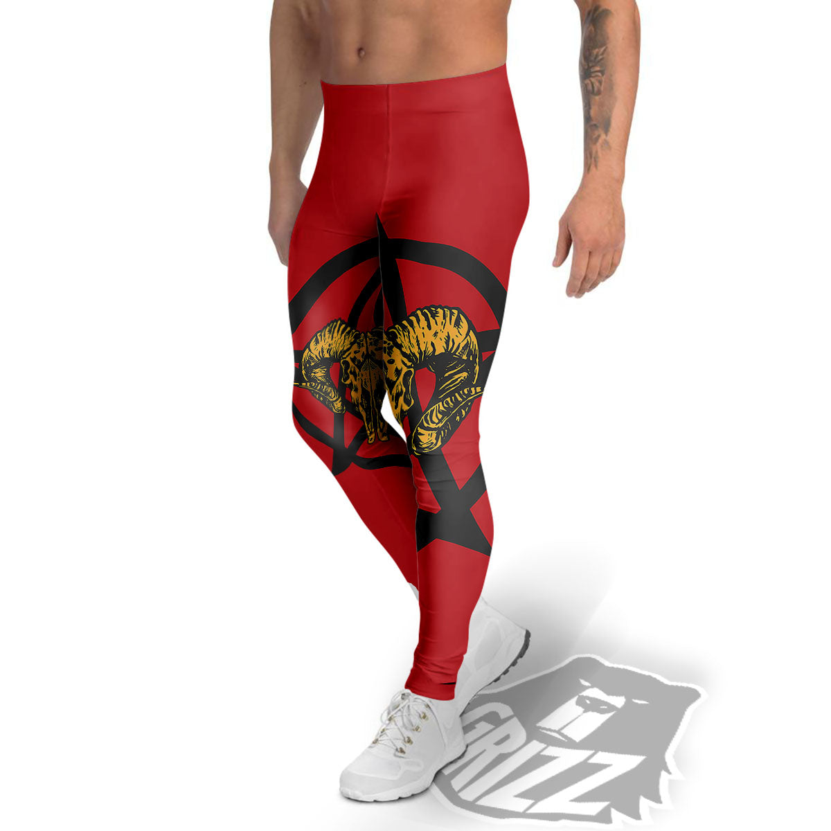 Pentagram Goat Skull Print Men's Leggings-grizzshop