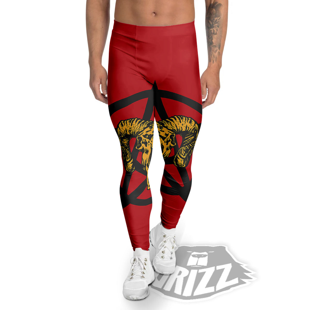 Pentagram Goat Skull Print Men's Leggings-grizzshop