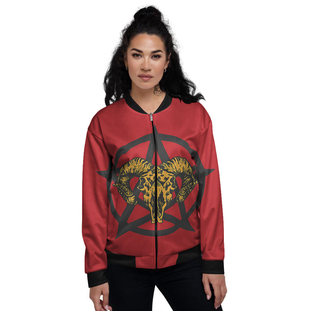 Pentagram Goat Skull Print Women's Bomber Jacket-grizzshop