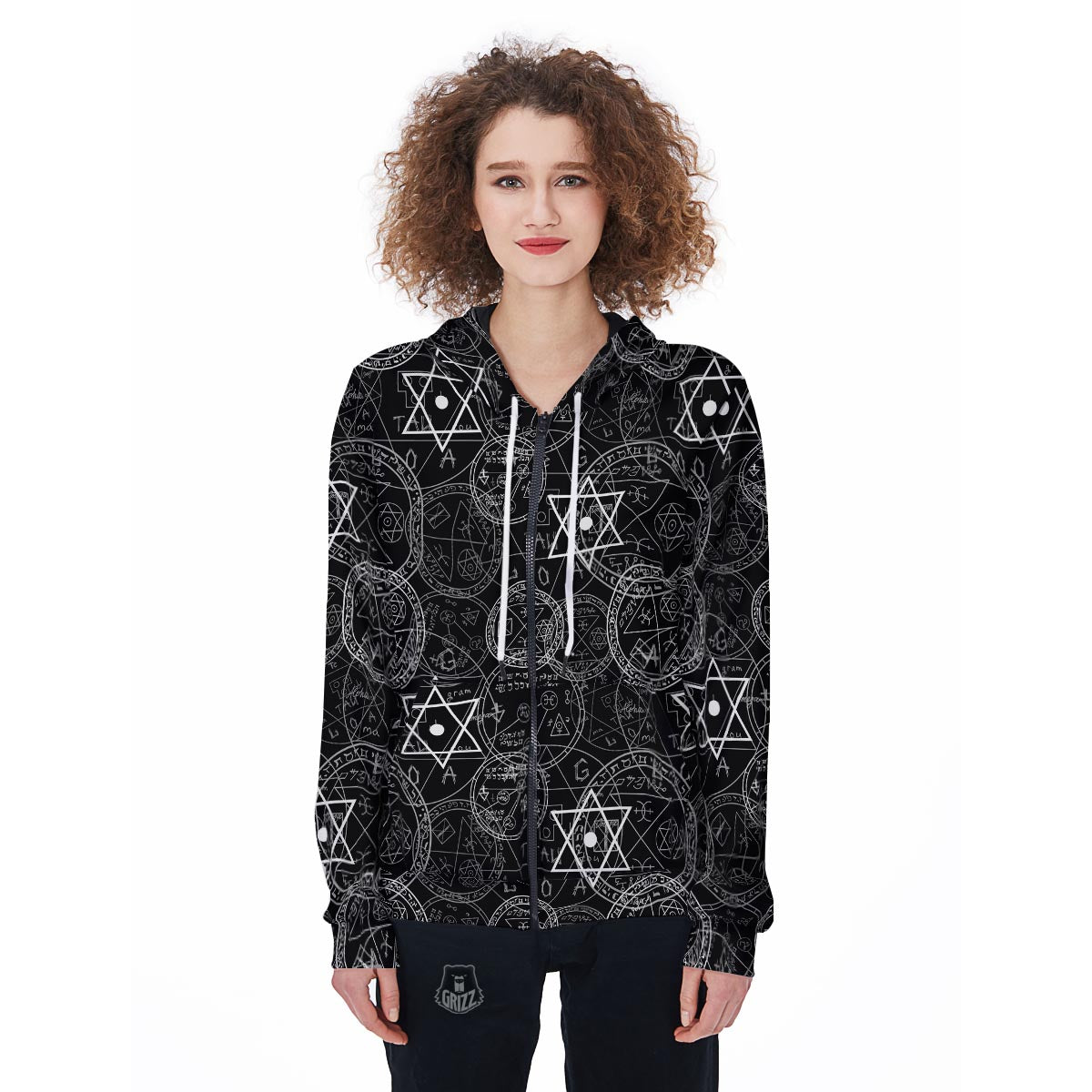 Pentagram Gothic Witch Women's Zip Up Hoodie-grizzshop