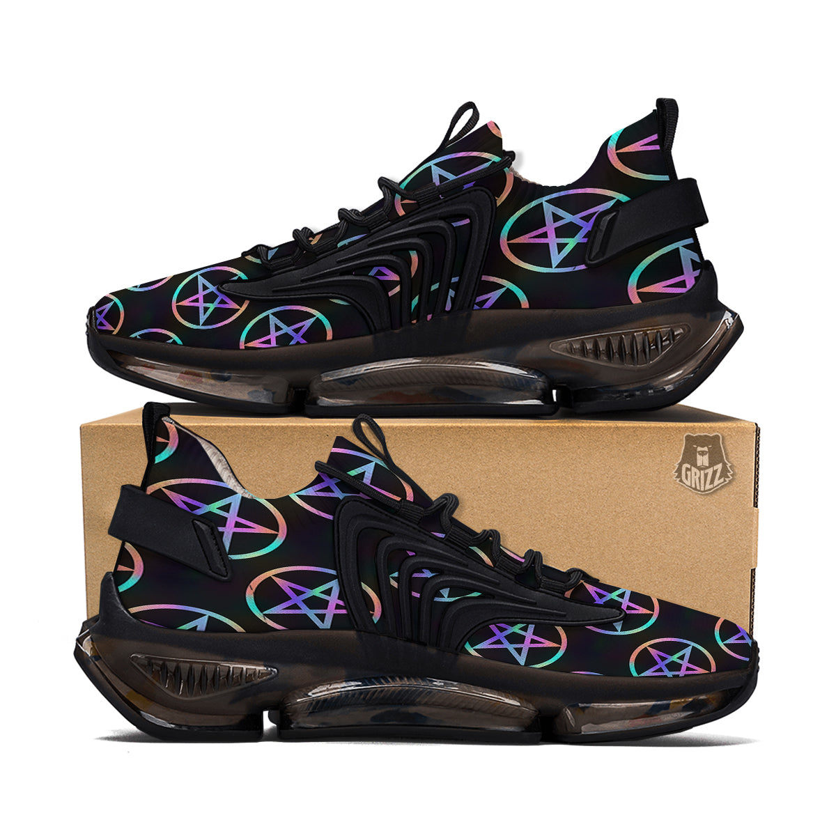 Pentagram Holographic Print Pattern Black Gym Shoes-grizzshop