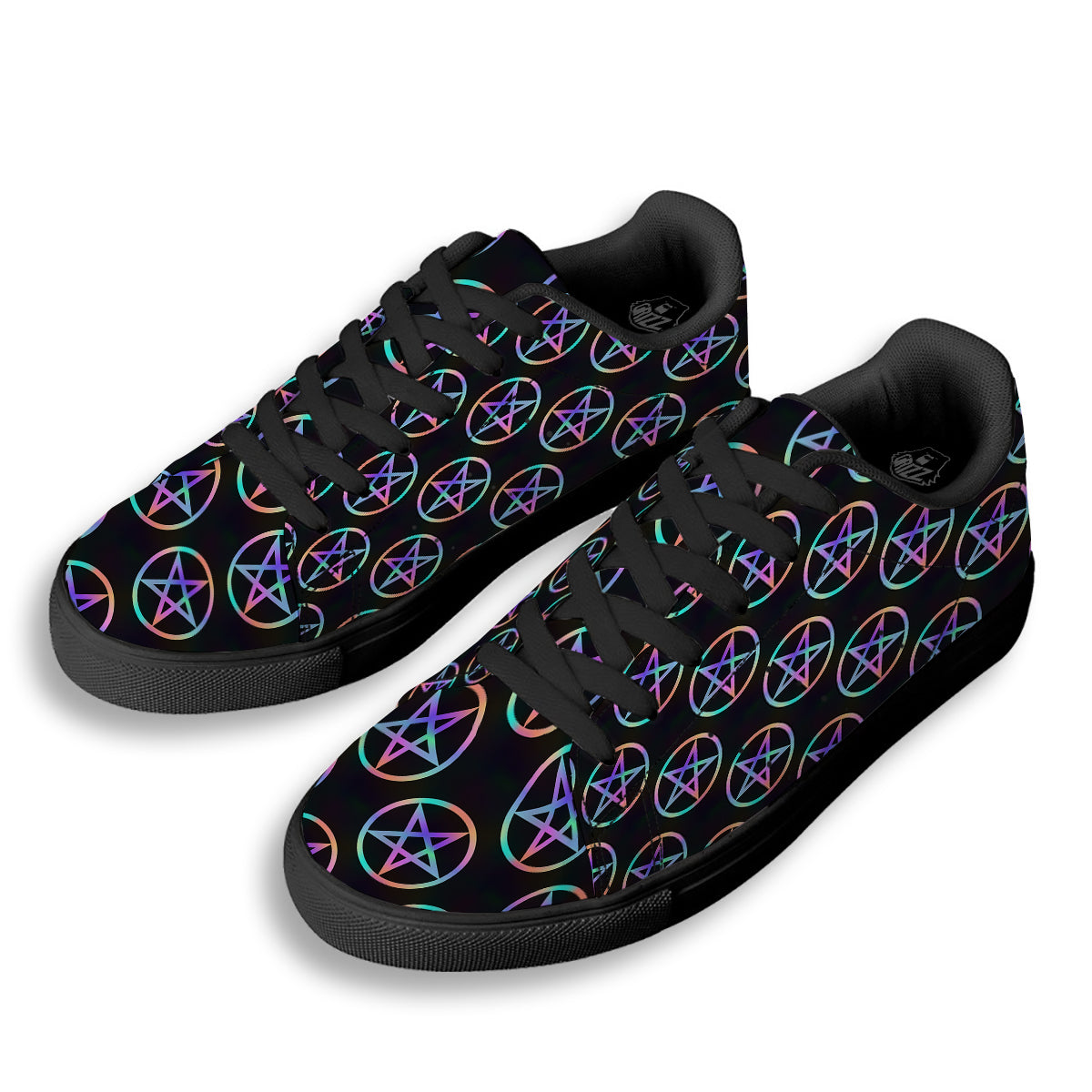 Pentagram Holographic Print Pattern Black Low Top Sneakers-grizzshop