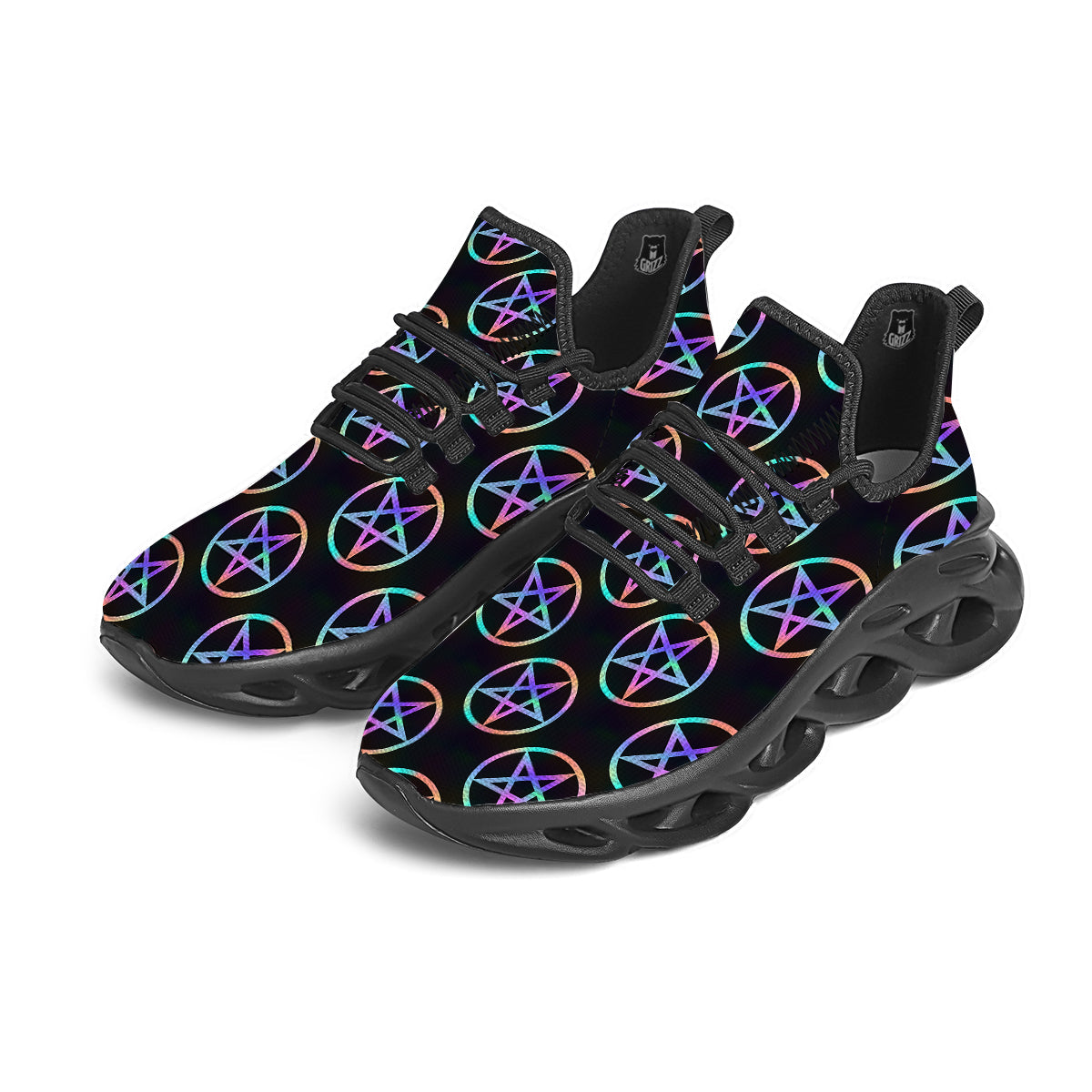 Pentagram Holographic Print Pattern Black Running Shoes-grizzshop