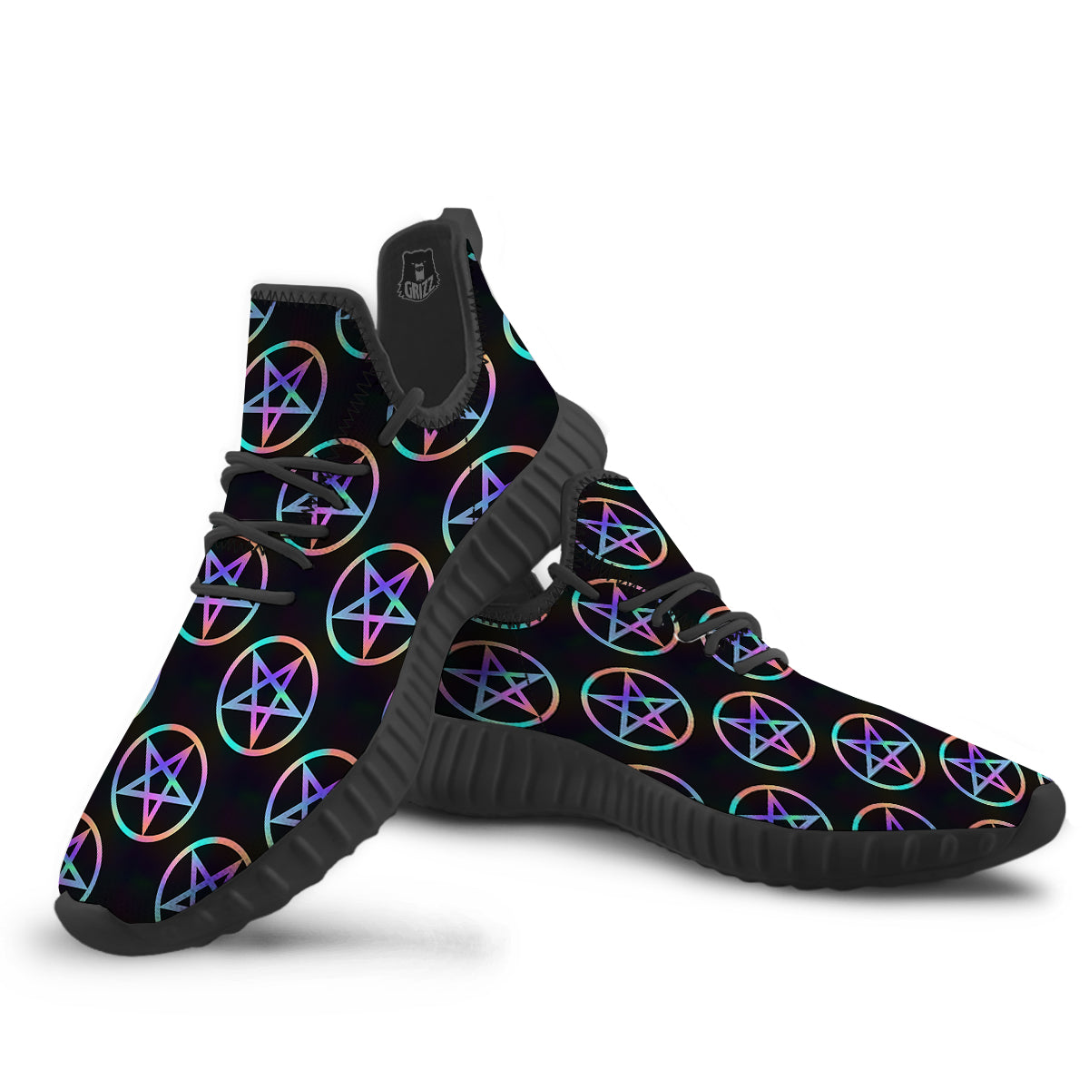 Pentagram Holographic Print Pattern Black Walking Shoes-grizzshop