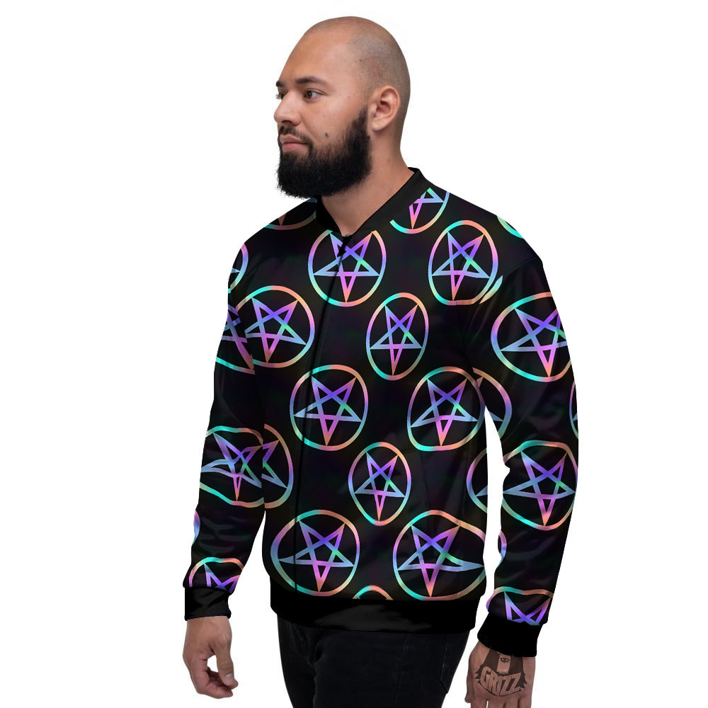 Pentagram Holographic Print Pattern Men's Bomber Jacket-grizzshop
