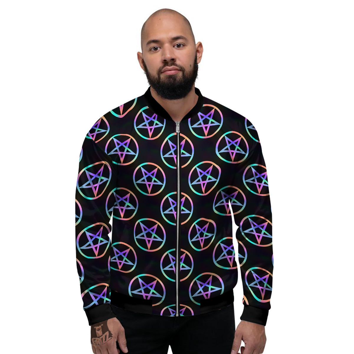 Pentagram Holographic Print Pattern Men's Bomber Jacket-grizzshop