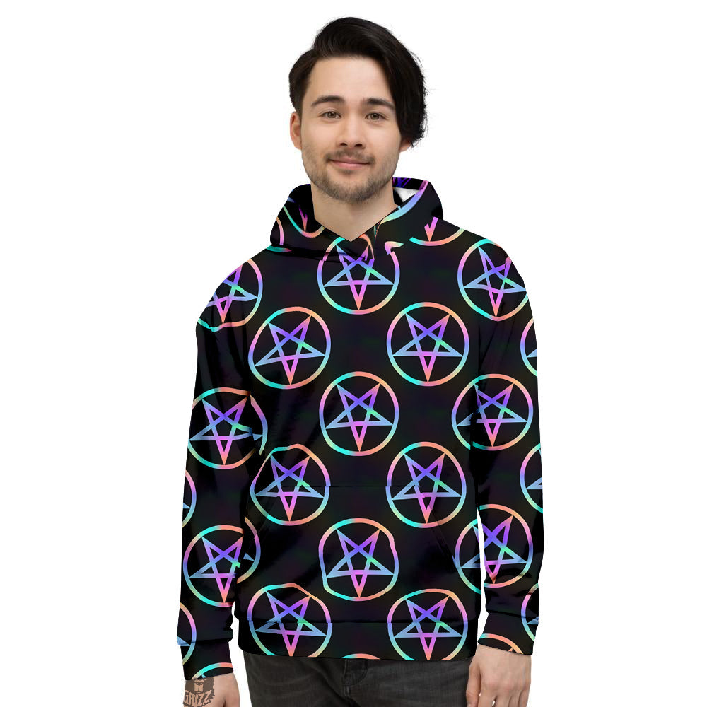 Pentagram Holographic Print Pattern Men's Hoodie-grizzshop