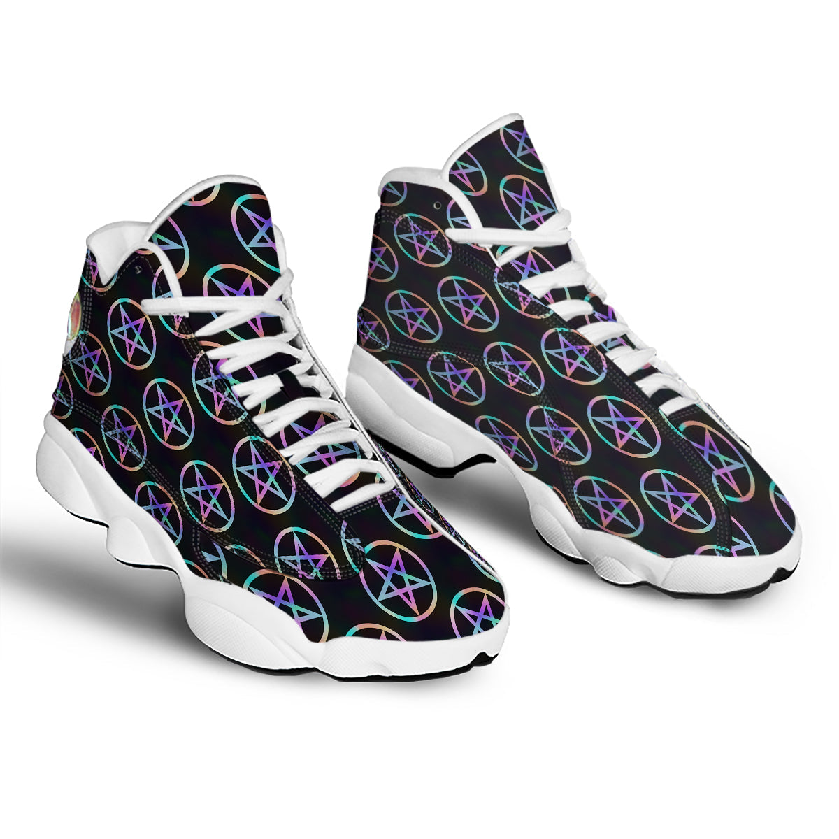 Pentagram Holographic Print Pattern White Basketball Shoes-grizzshop