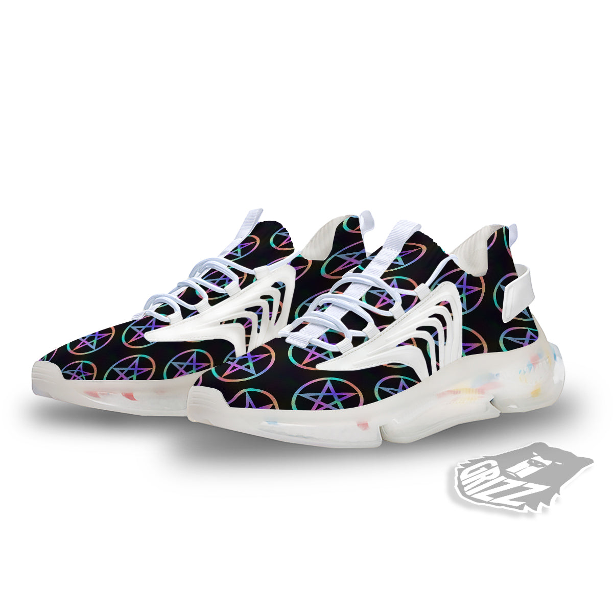 Pentagram Holographic Print Pattern White Gym Shoes-grizzshop