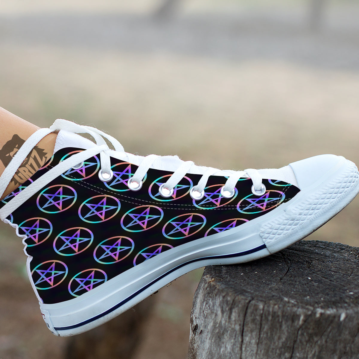 Pentagram Holographic Print Pattern White High Top Shoes-grizzshop