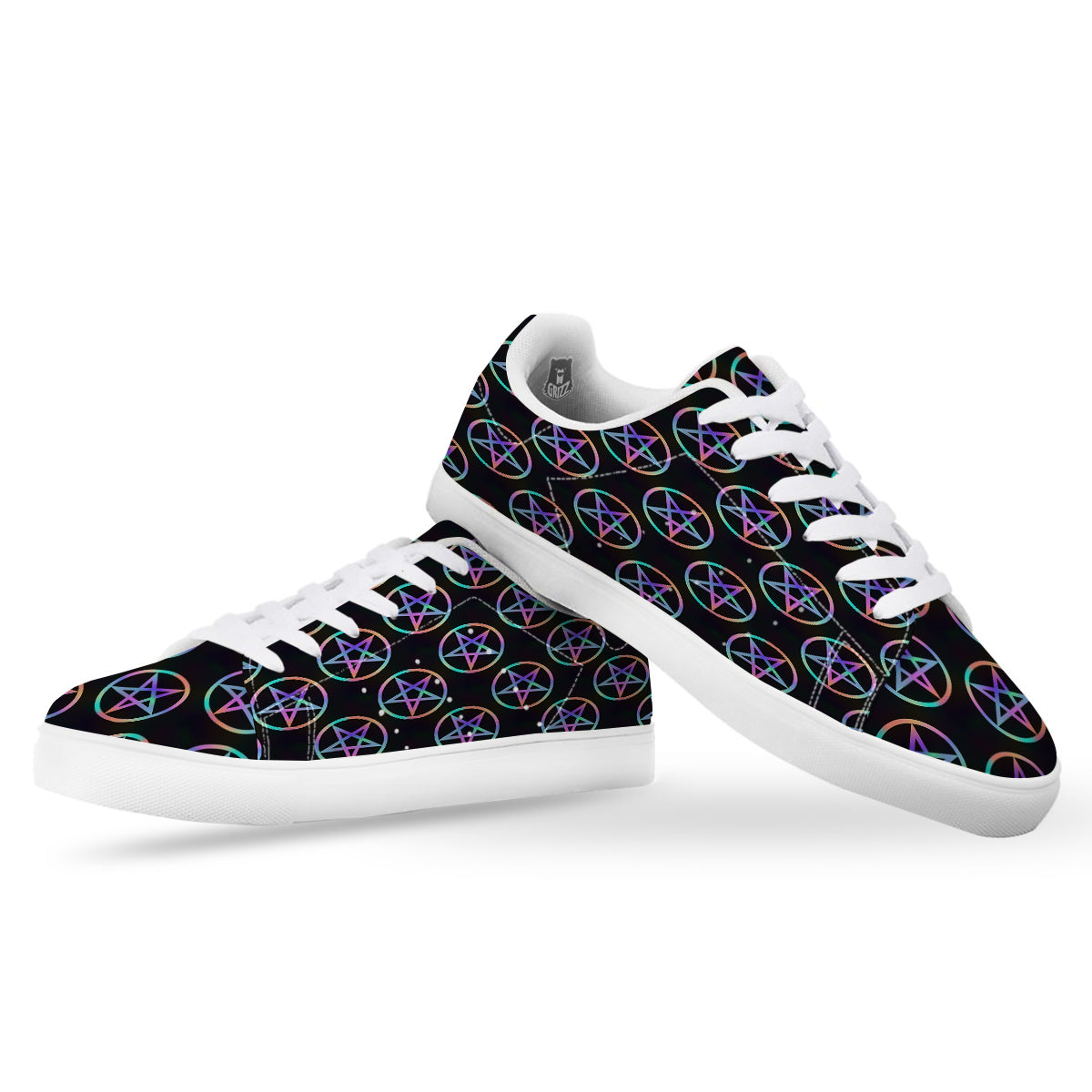 Pentagram Holographic Print Pattern White Low Top Sneakers-grizzshop
