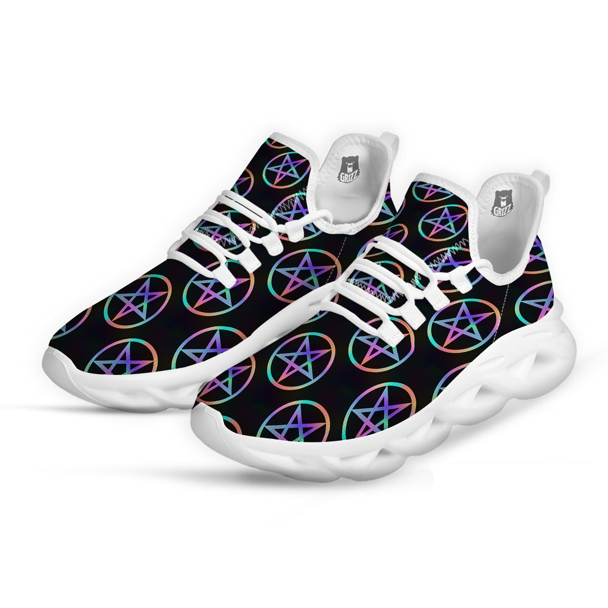 Pentagram Holographic Print Pattern White Running Shoes-grizzshop