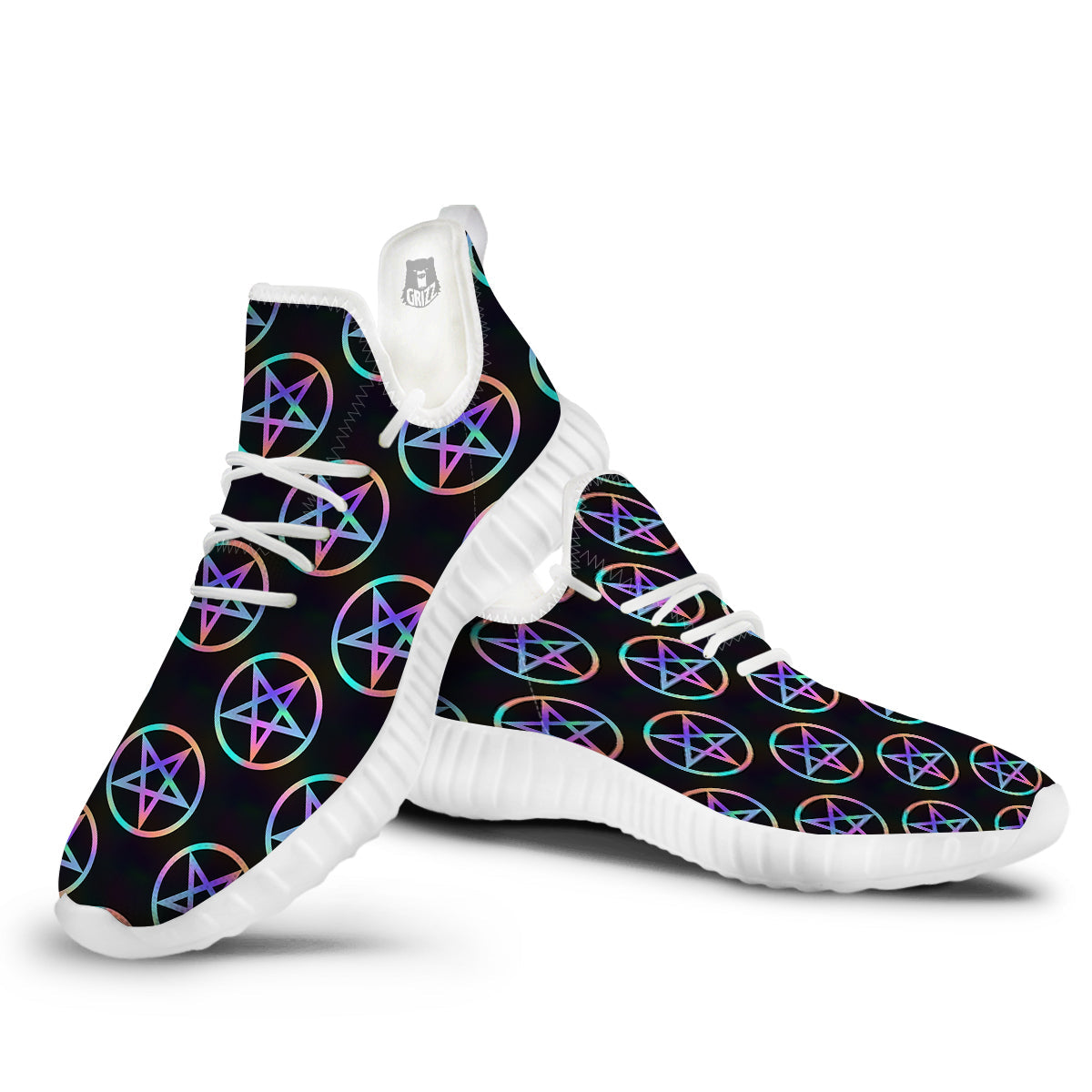Pentagram Holographic Print Pattern White Walking Shoes-grizzshop