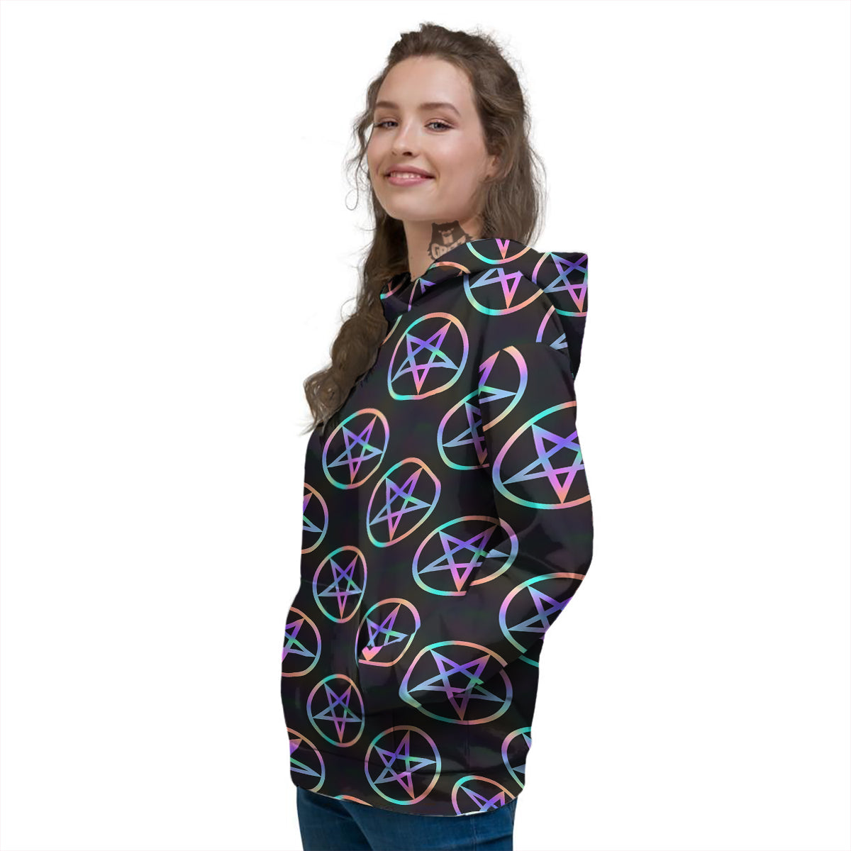 Pentagram Holographic Print Pattern Women's Hoodie-grizzshop
