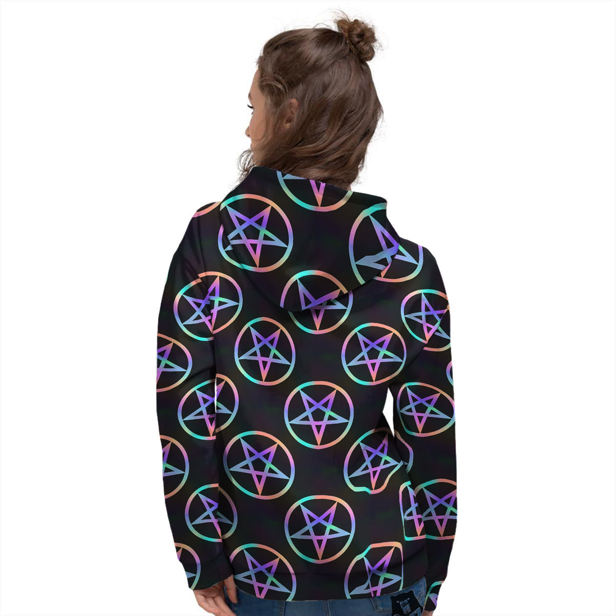 Pentagram Holographic Print Pattern Women's Hoodie-grizzshop