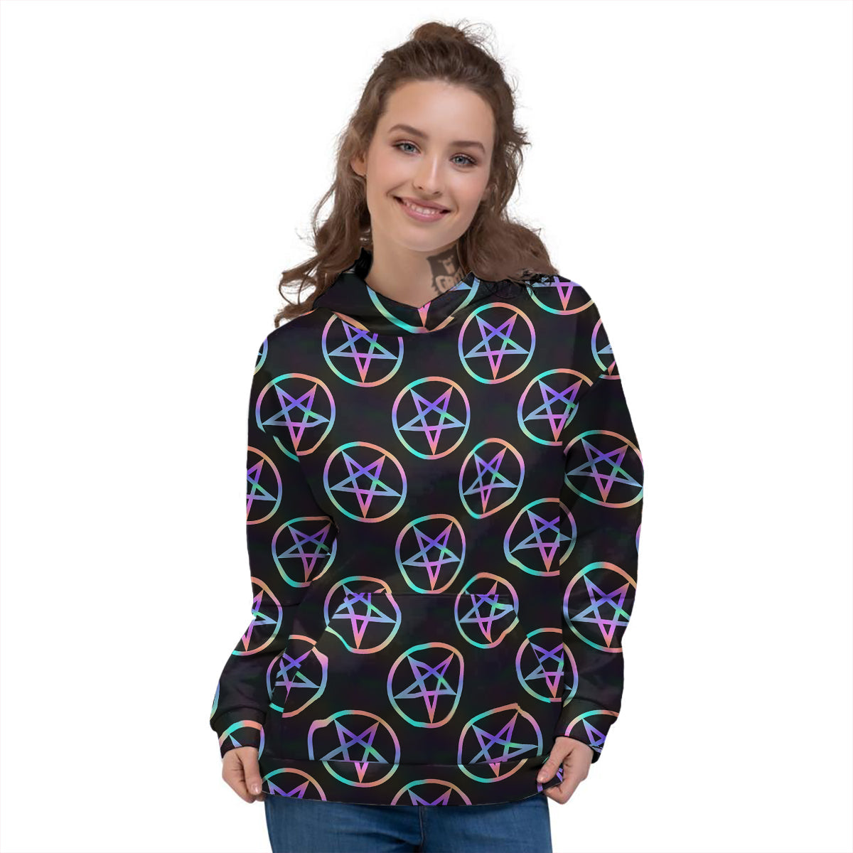 Pentagram Holographic Print Pattern Women's Hoodie-grizzshop