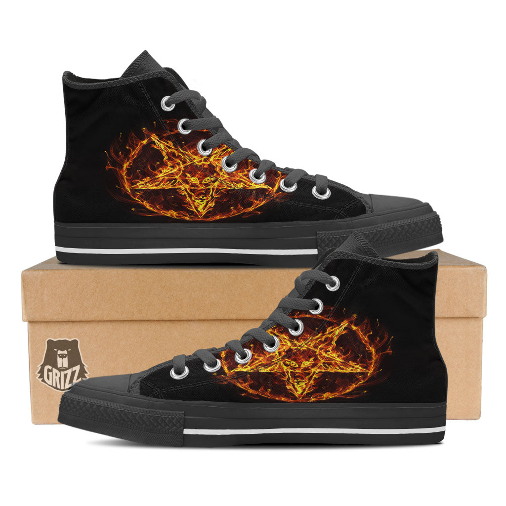 Pentagram Satanic Flame Print Black High Top Shoes-grizzshop