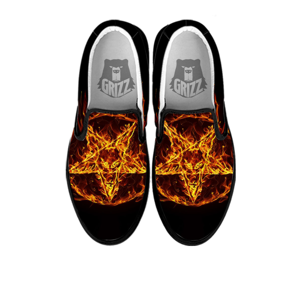 Pentagram Satanic Flame Print Black Slip On Shoes-grizzshop