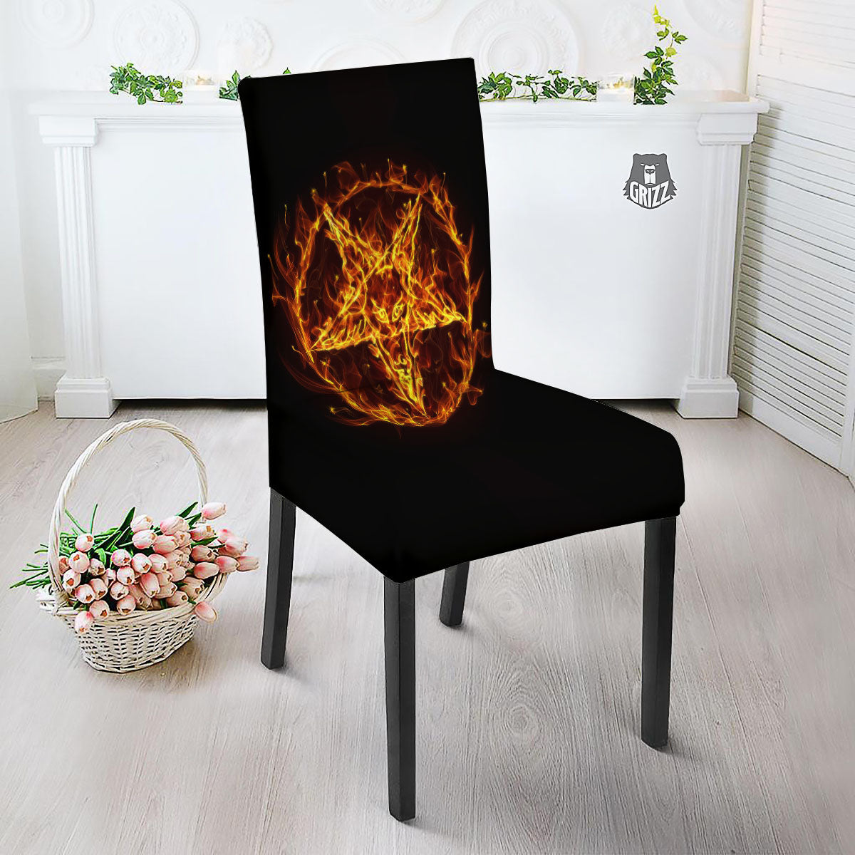 Pentagram Satanic Flame Print Dining Chair Slipcover-grizzshop