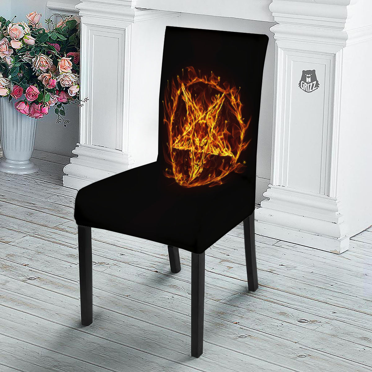 Pentagram Satanic Flame Print Dining Chair Slipcover-grizzshop