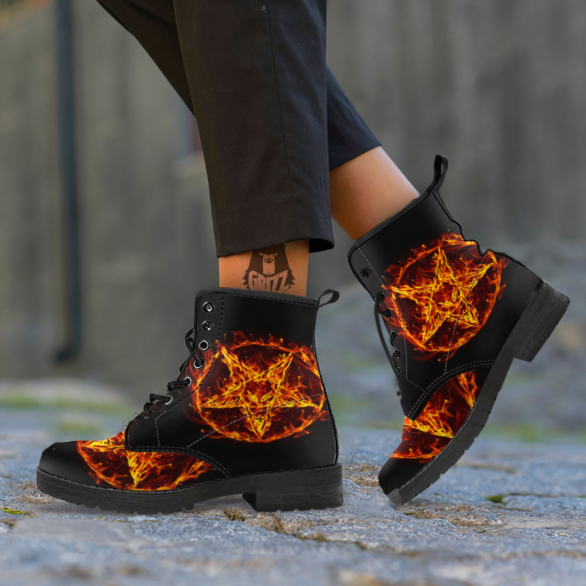 Pentagram Satanic Flame Print Leather Boots-grizzshop