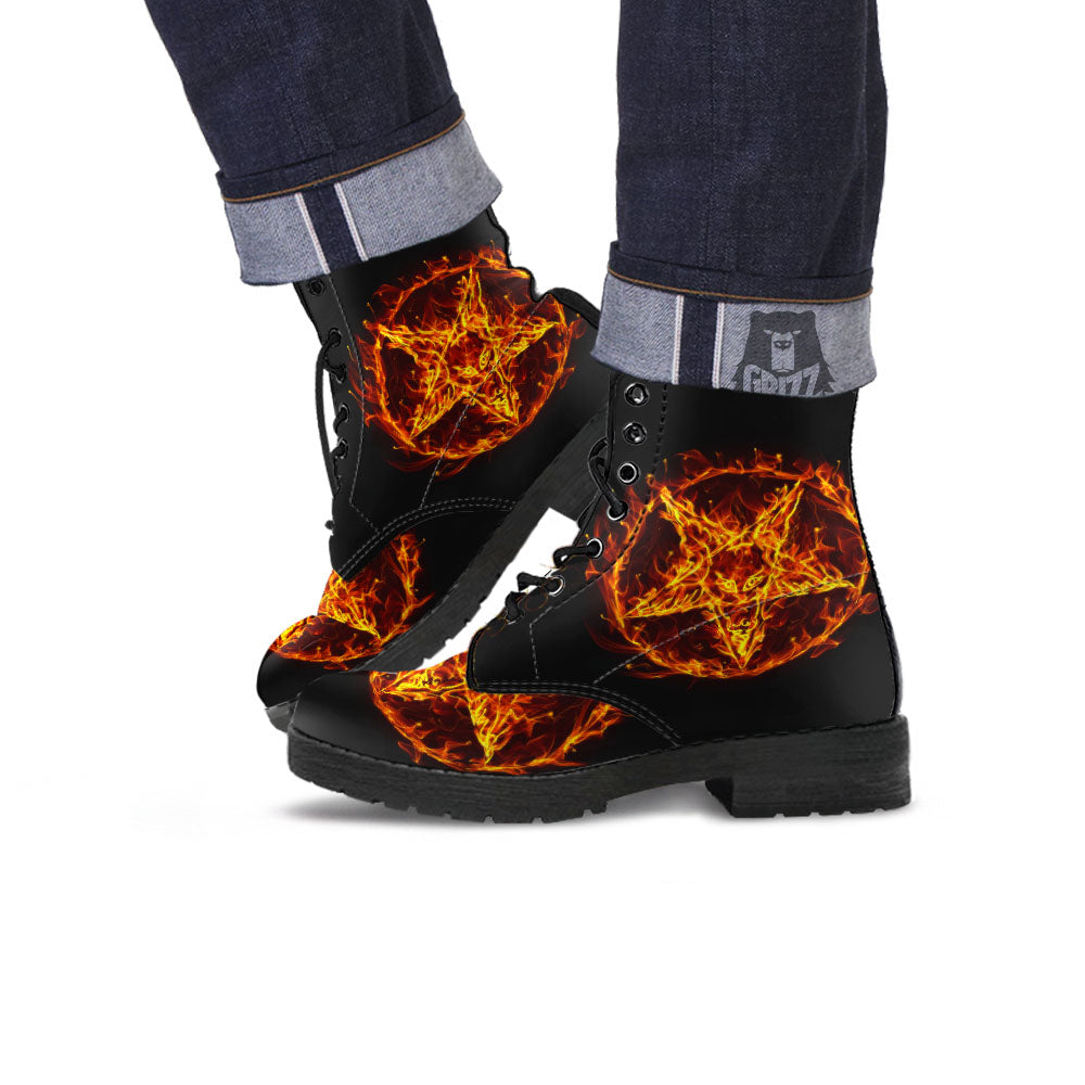 Pentagram Satanic Flame Print Leather Boots-grizzshop