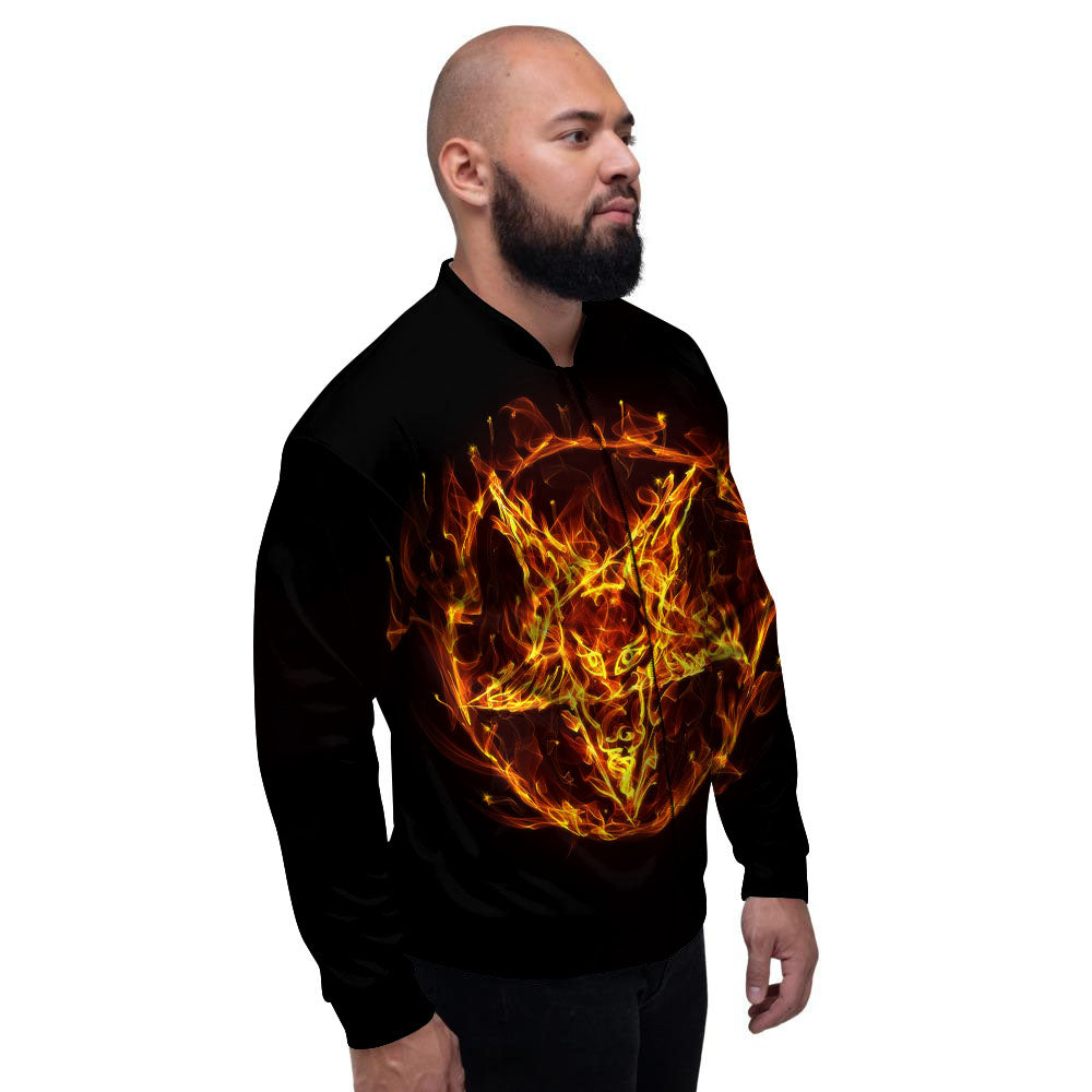 Pentagram Satanic Flame Print Men's Bomber Jacket-grizzshop