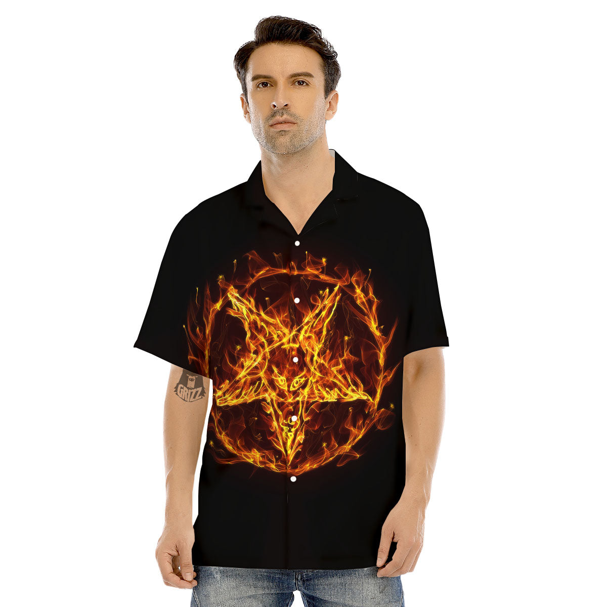 Pentagram Satanic Flame Print Men's Hawaiian Shirt-grizzshop
