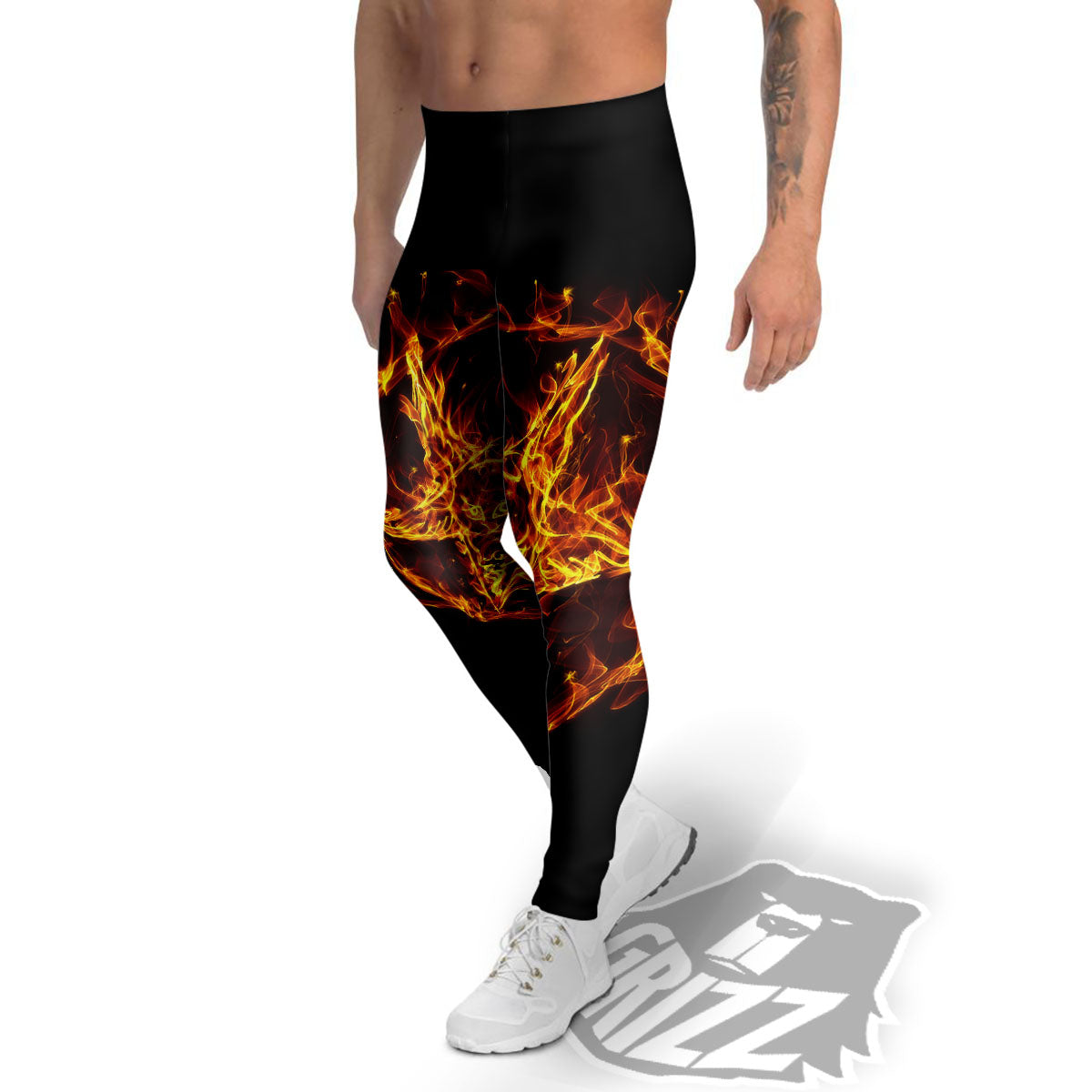 Pentagram Satanic Flame Print Men's Leggings-grizzshop