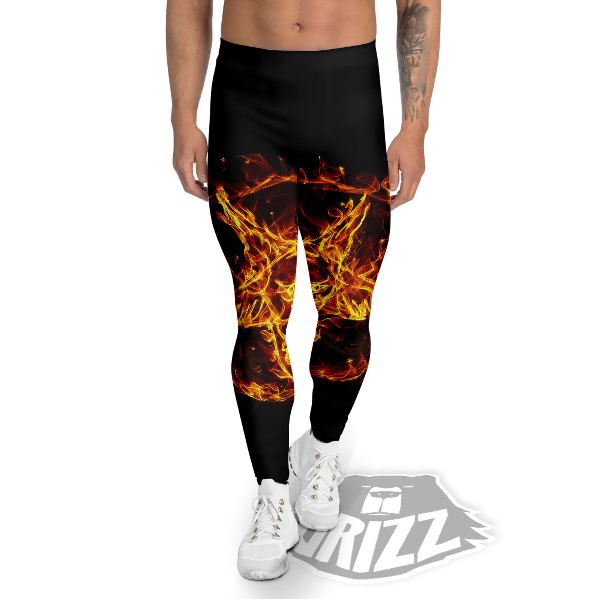 Pentagram Satanic Flame Print Men's Leggings-grizzshop