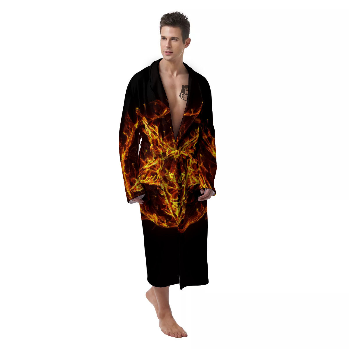 Pentagram Satanic Flame Print Men's Robe-grizzshop