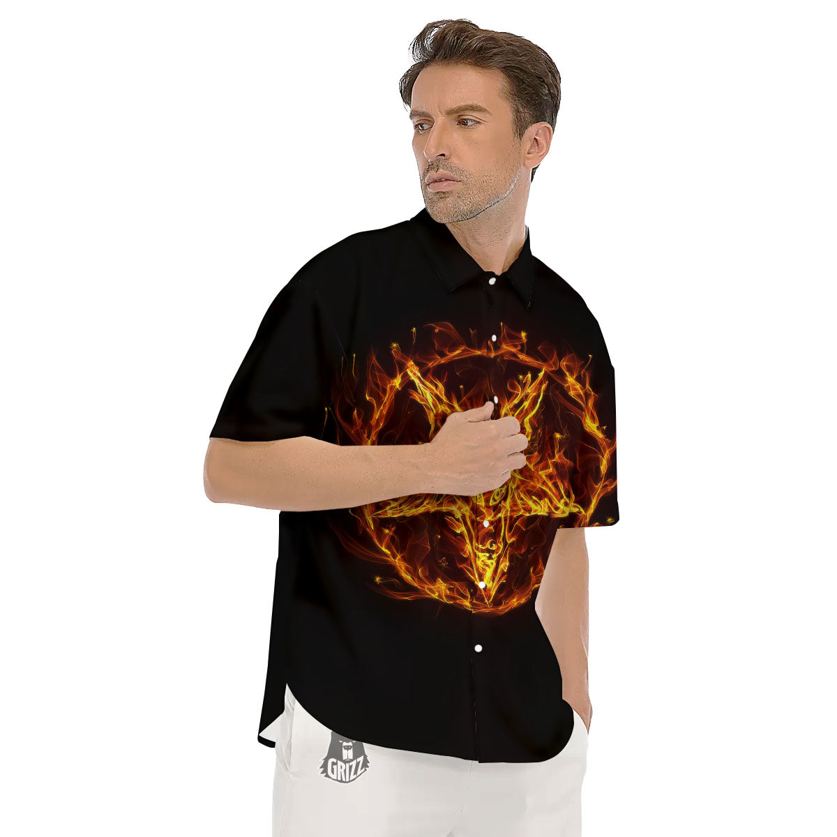 Pentagram Satanic Flame Print Men's Short Sleeve Shirts-grizzshop