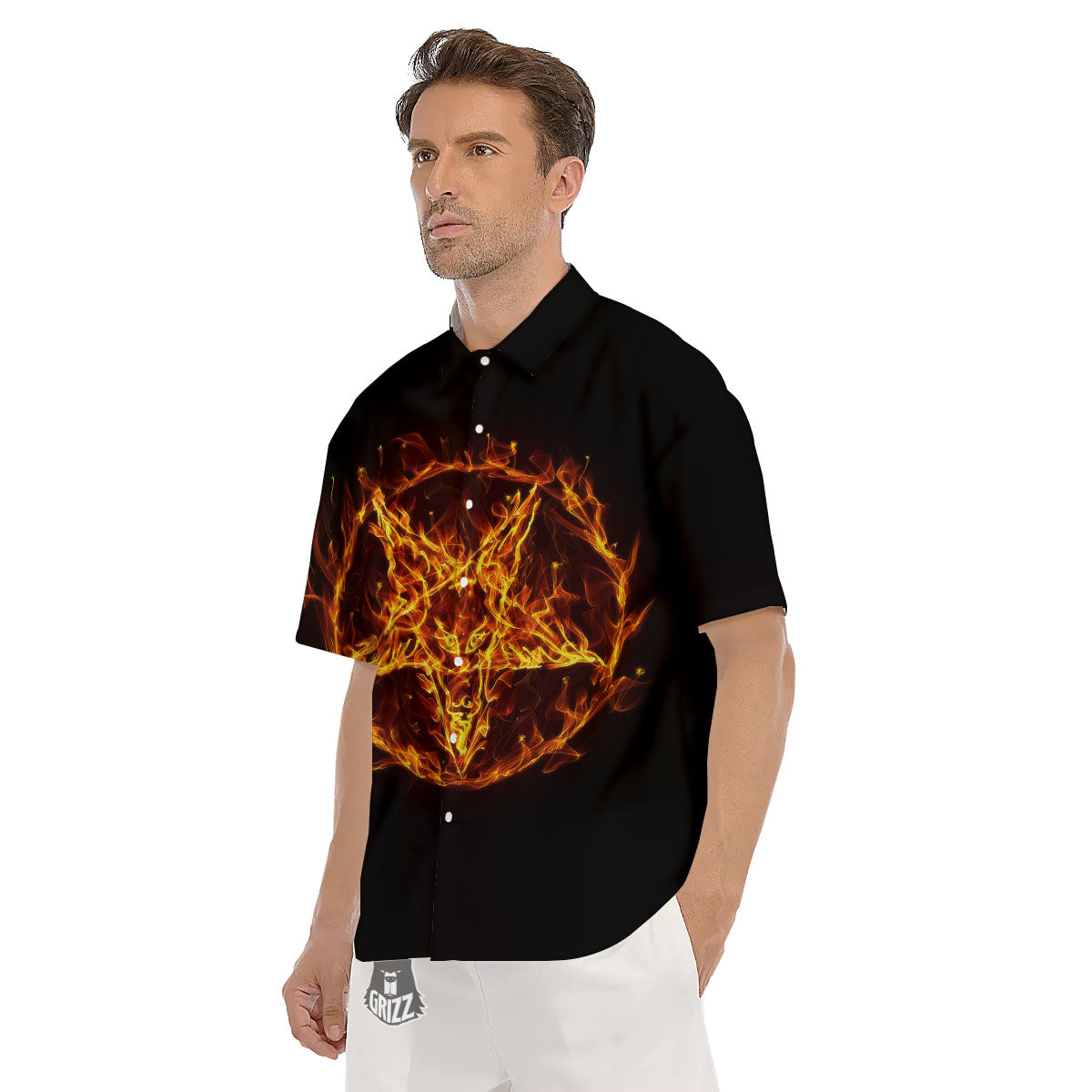 Pentagram Satanic Flame Print Men's Short Sleeve Shirts-grizzshop