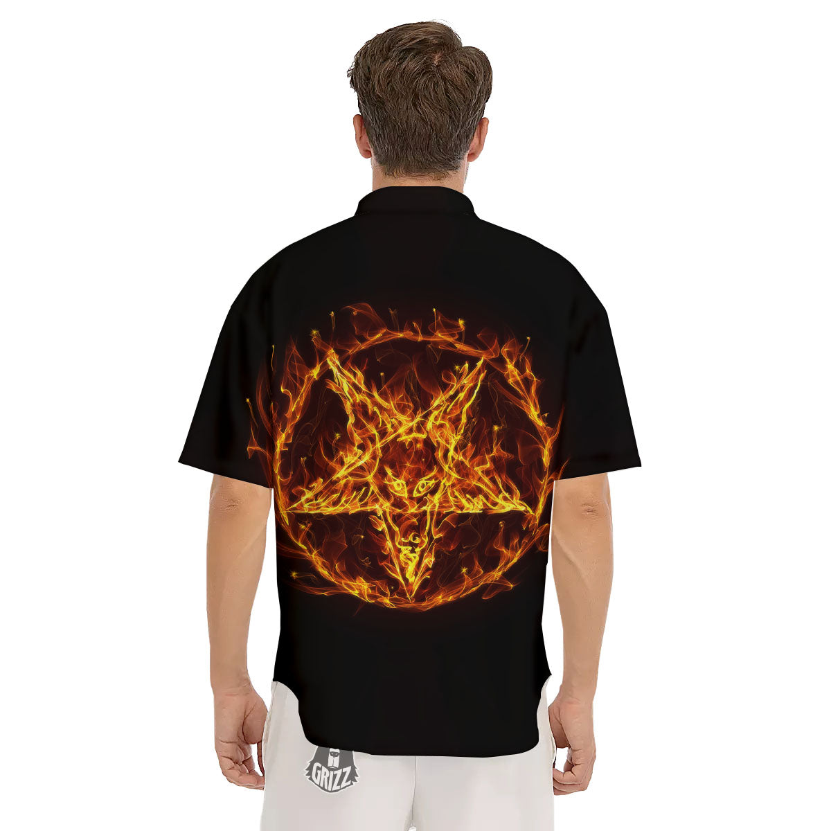 Pentagram Satanic Flame Print Men's Short Sleeve Shirts-grizzshop