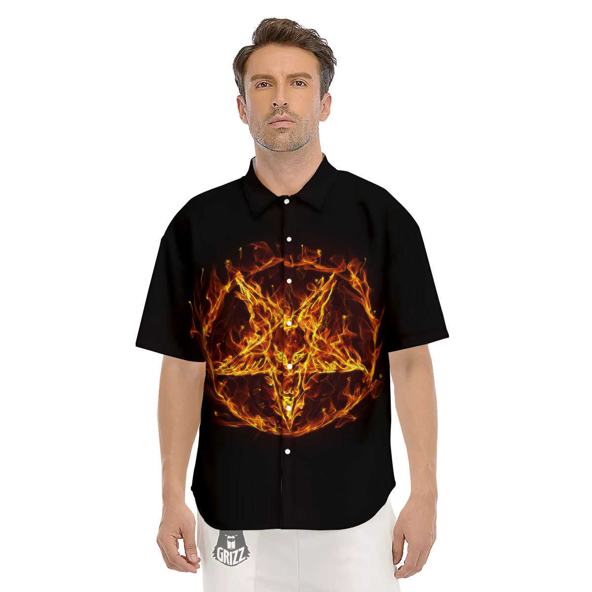 Pentagram Satanic Flame Print Men's Short Sleeve Shirts-grizzshop
