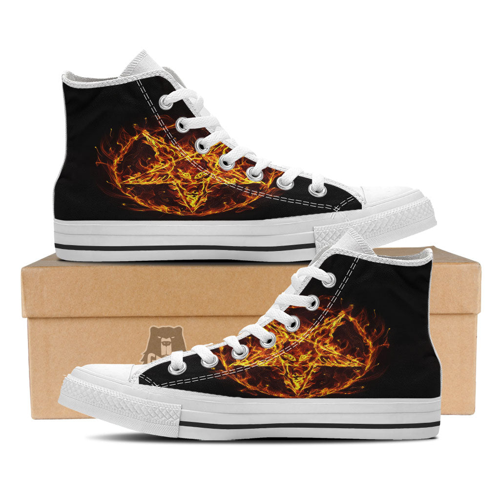 Pentagram Satanic Flame Print White High Top Shoes-grizzshop