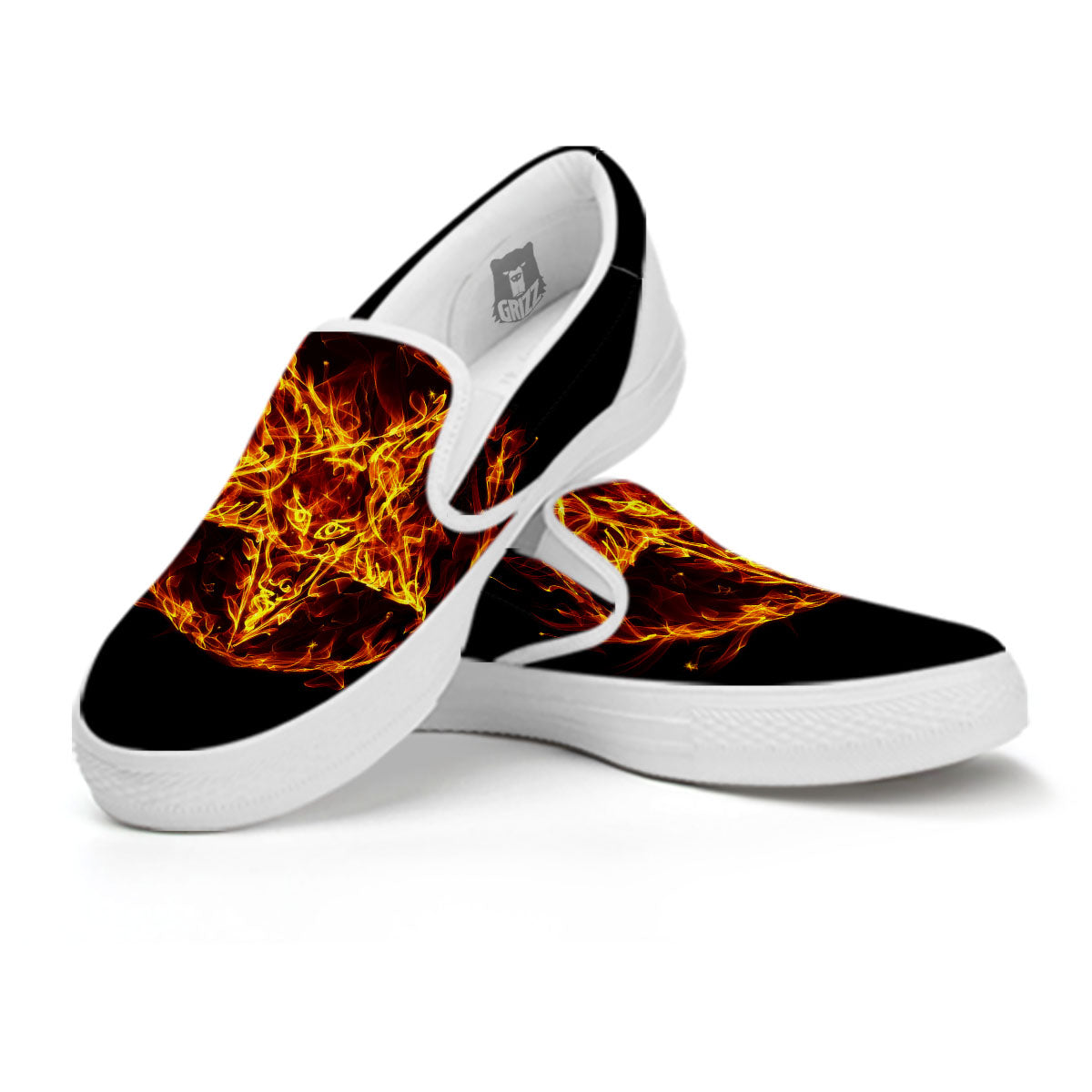 Pentagram Satanic Flame Print White Slip On Shoes-grizzshop