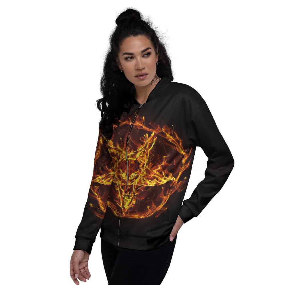 Pentagram Satanic Flame Print Women's Bomber Jacket-grizzshop