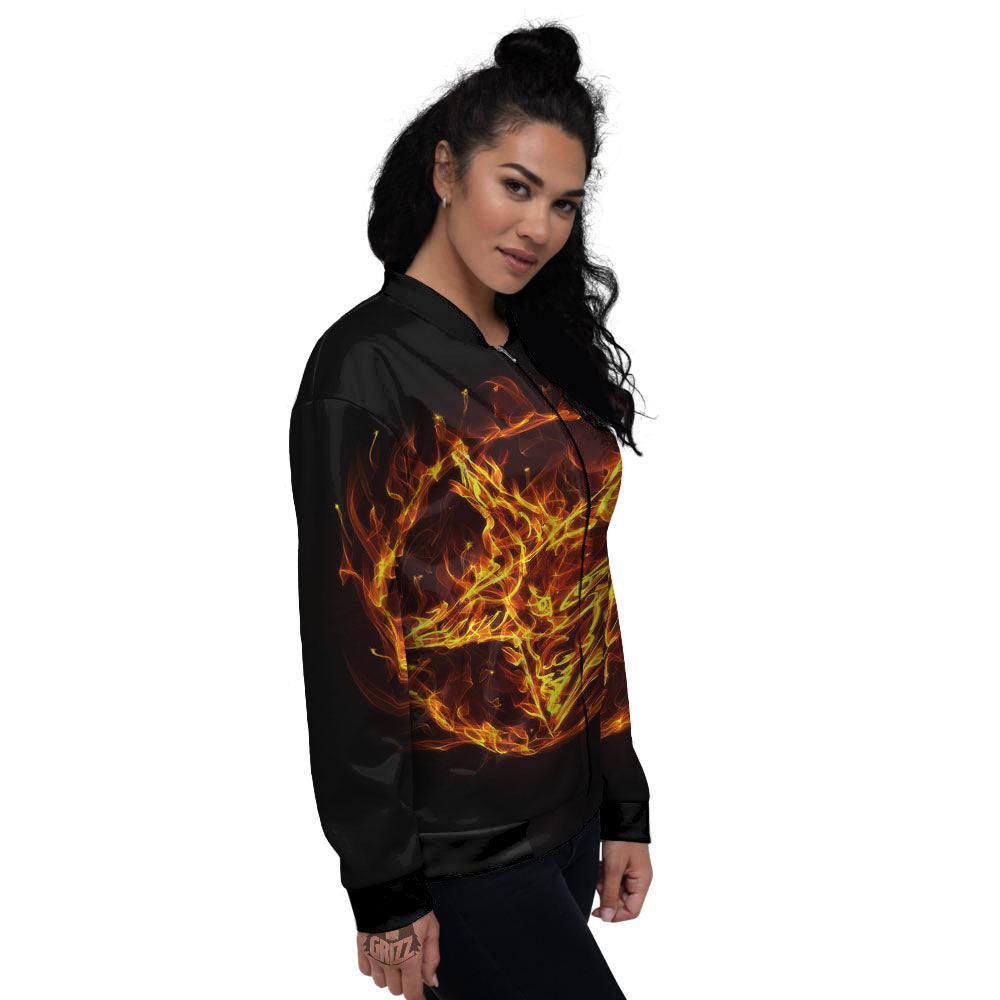 Pentagram Satanic Flame Print Women's Bomber Jacket-grizzshop