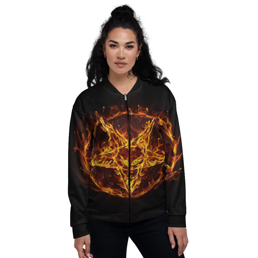 Pentagram Satanic Flame Print Women's Bomber Jacket-grizzshop