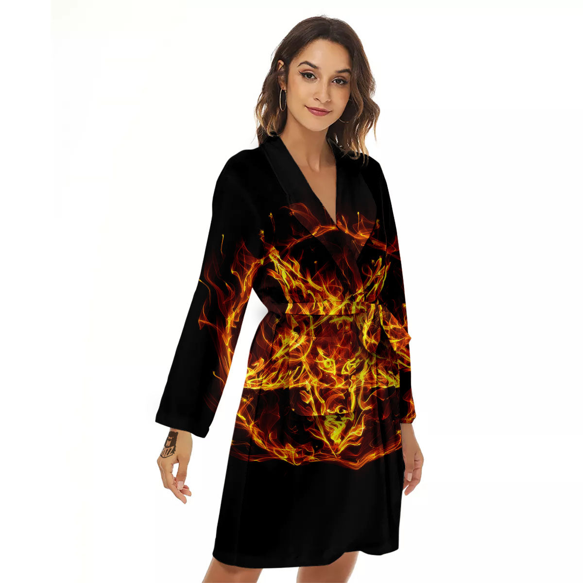 Pentagram Satanic Flame Print Women's Robe-grizzshop