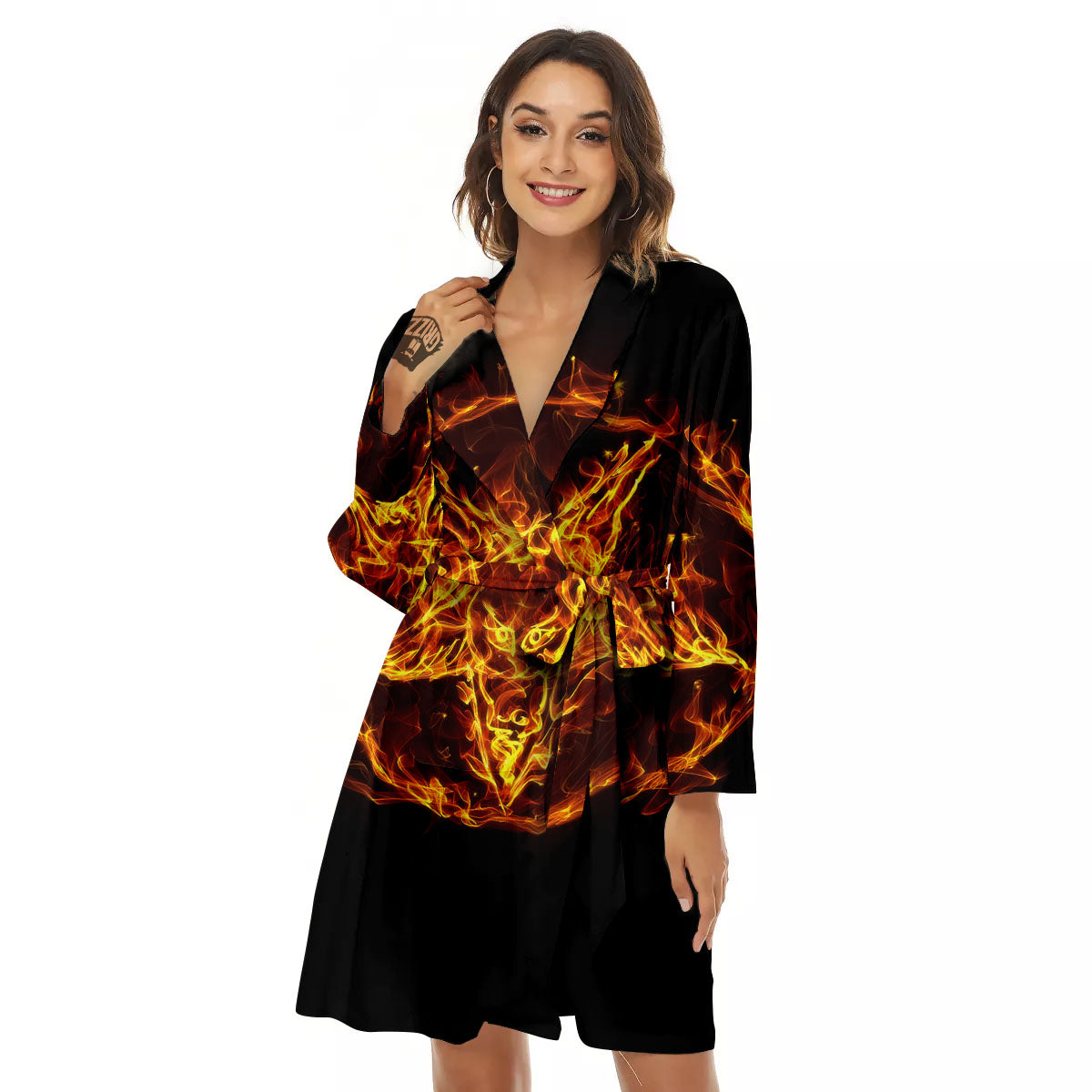Pentagram Satanic Flame Print Women's Robe-grizzshop