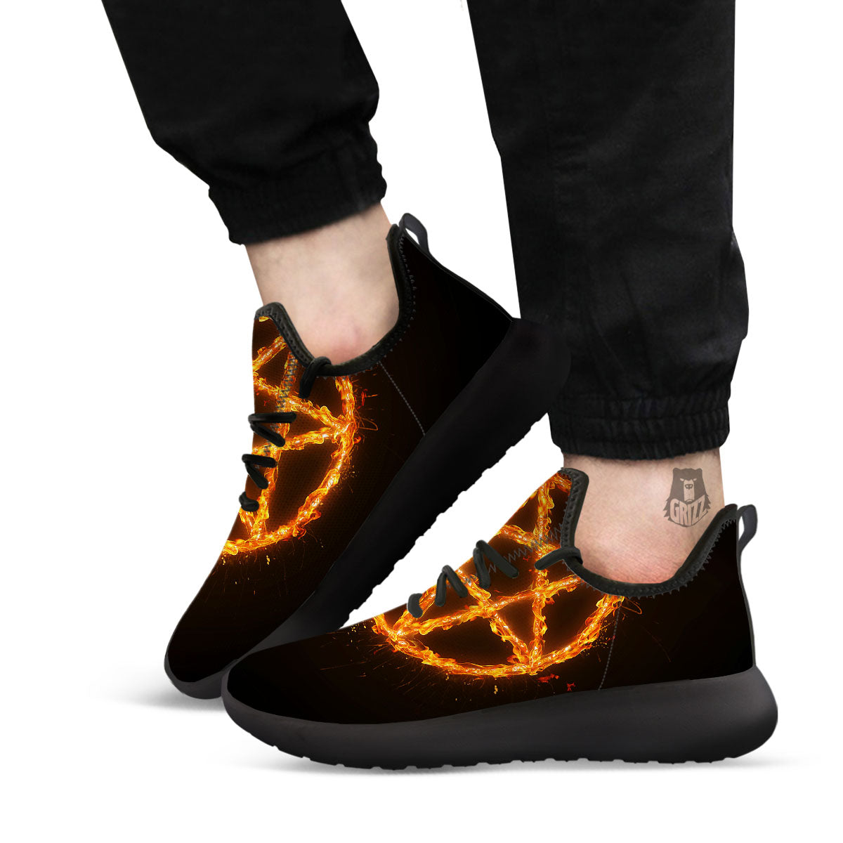 Pentagram Symbol Flaming Print Black Athletic Shoes-grizzshop