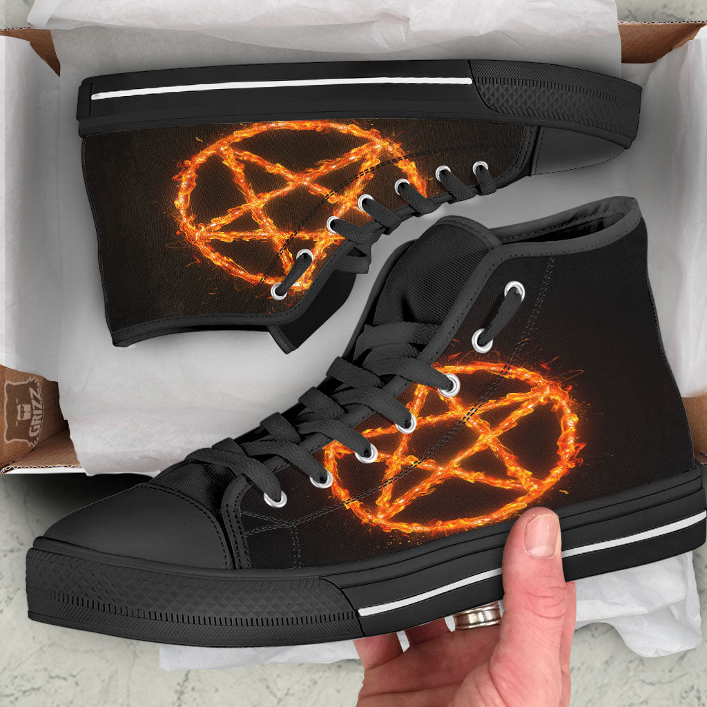 Pentagram Symbol Flaming Print Black High Top Shoes-grizzshop