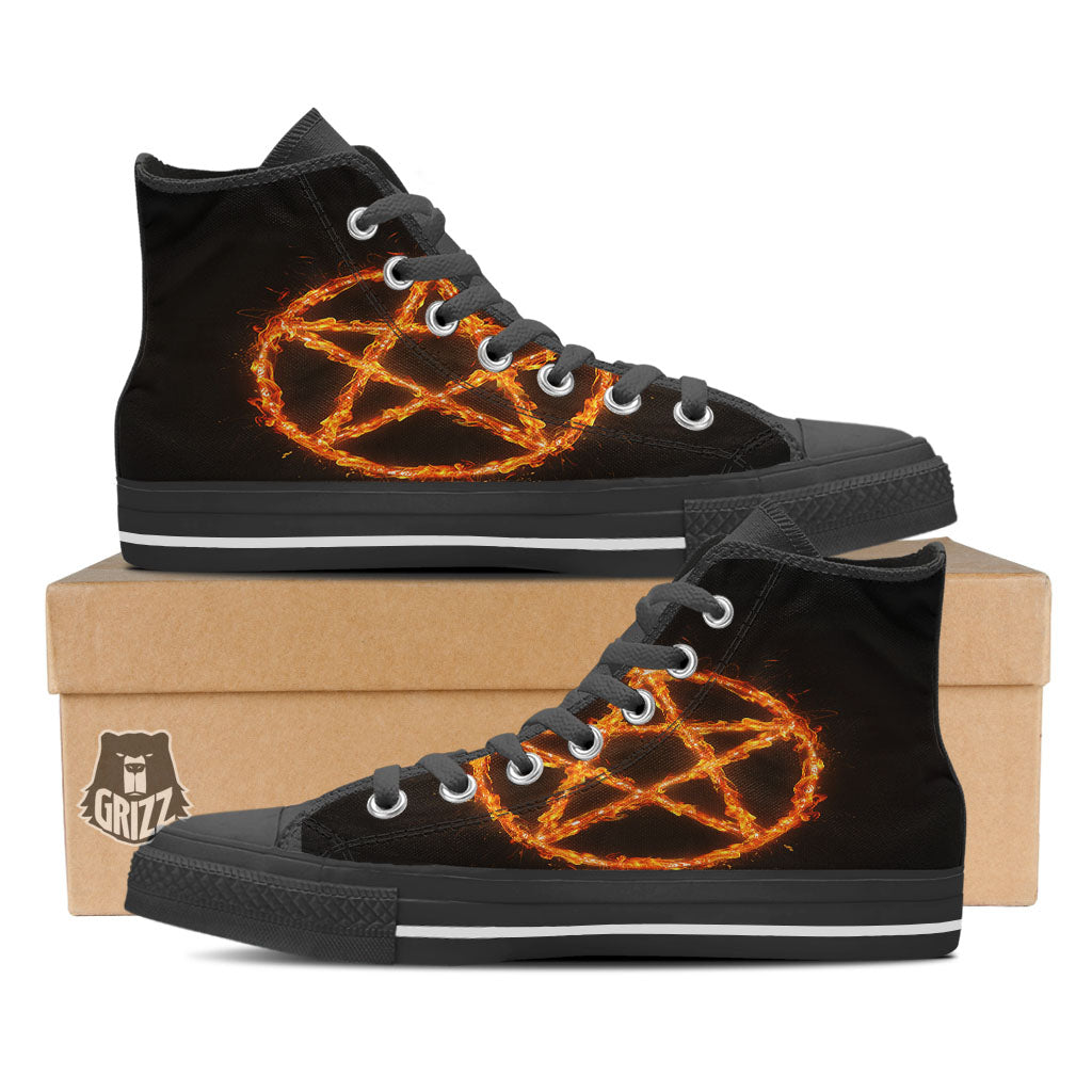 Pentagram Symbol Flaming Print Black High Top Shoes-grizzshop