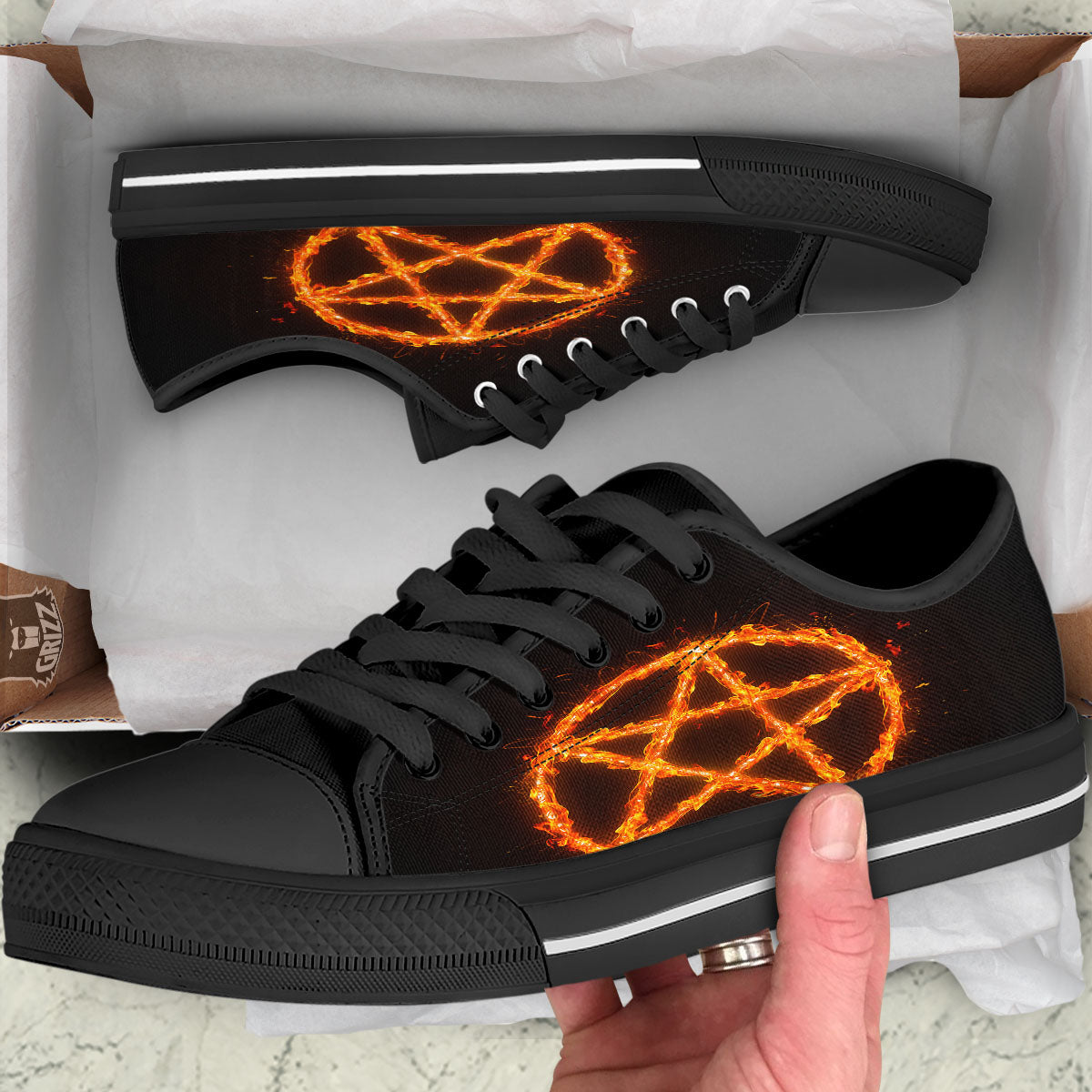 Pentagram Symbol Flaming Print Black Low Top Shoes-grizzshop