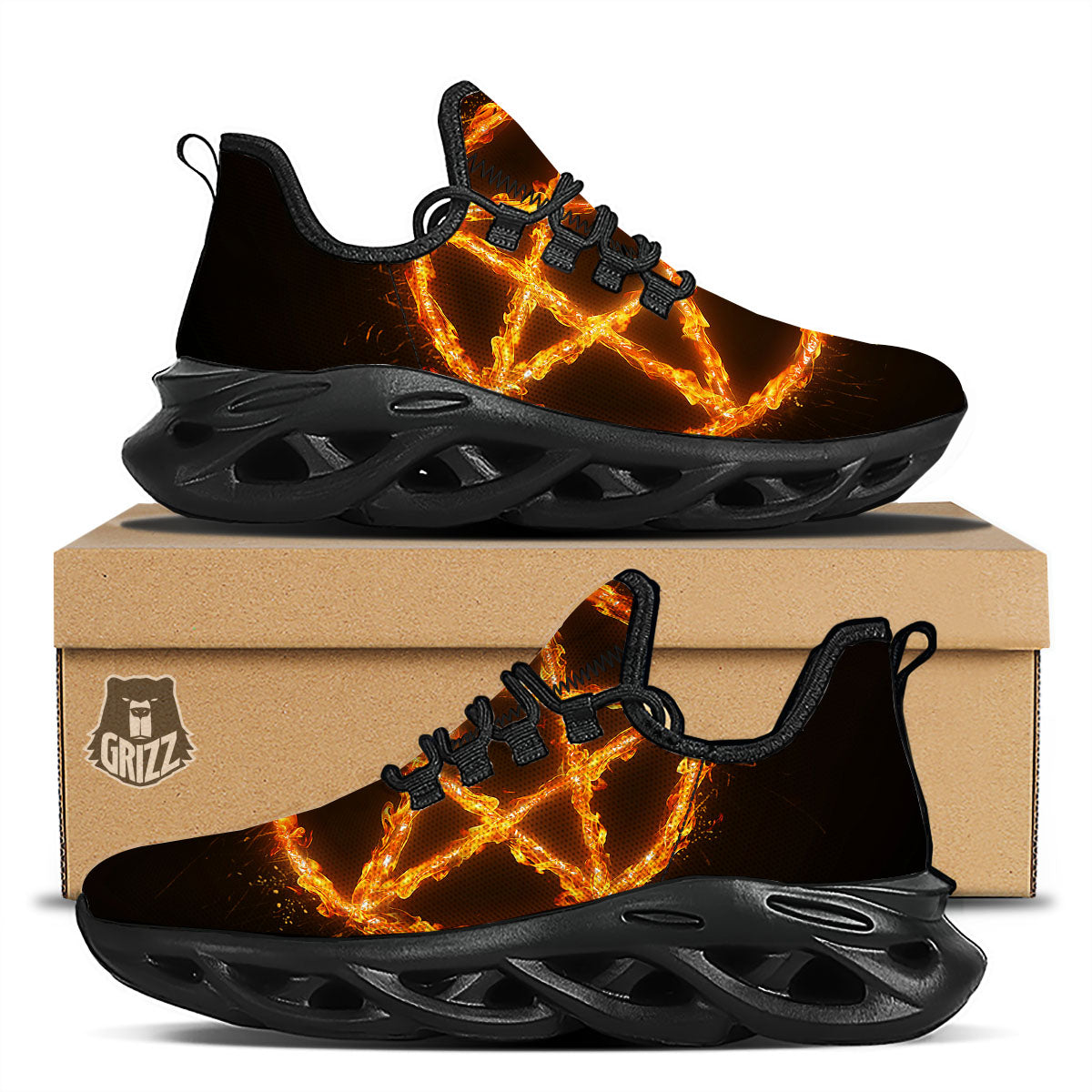 Pentagram Symbol Flaming Print Black Running Shoes-grizzshop