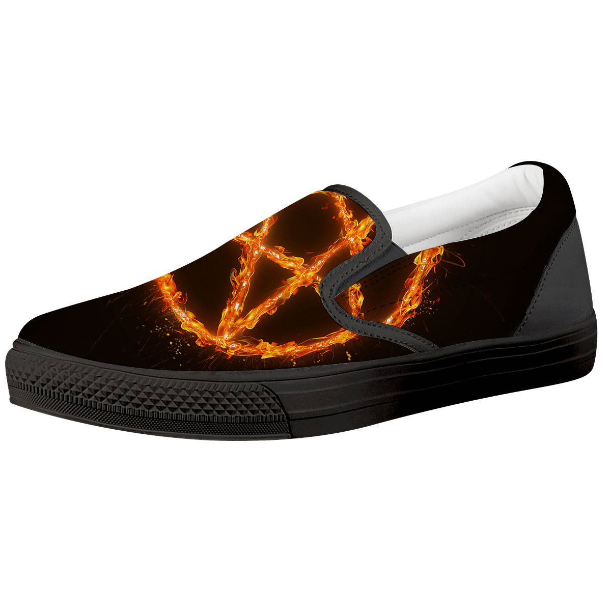 Pentagram Symbol Flaming Print Black Slip On Shoes-grizzshop