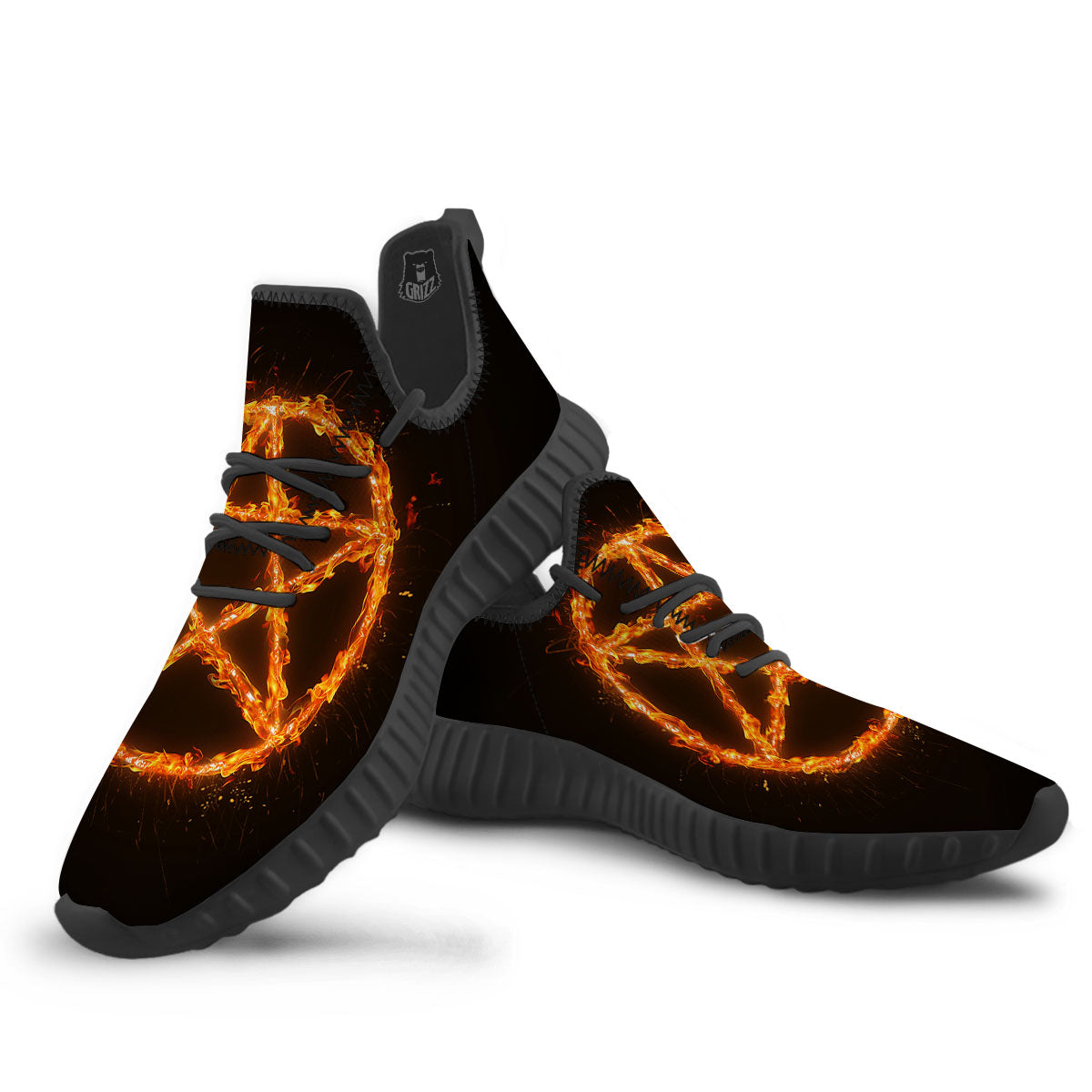Pentagram Symbol Flaming Print Black Walking Shoes-grizzshop