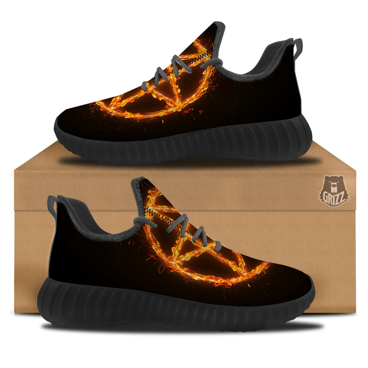 Pentagram Symbol Flaming Print Black Walking Shoes-grizzshop